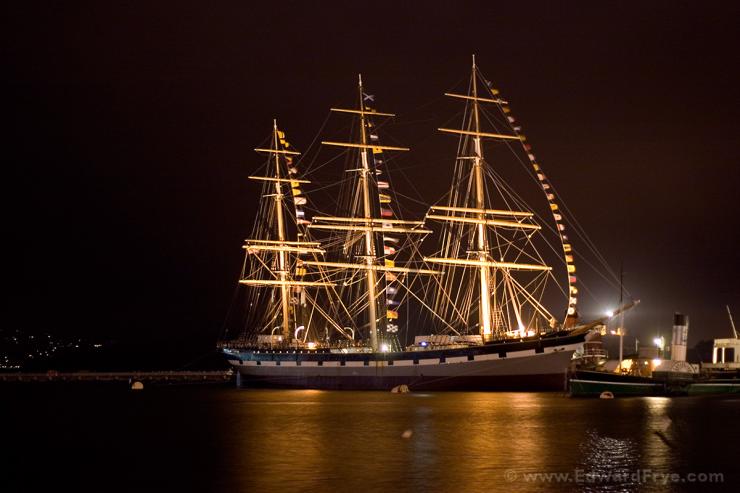 Balclutha in the San Francisco bay, at night